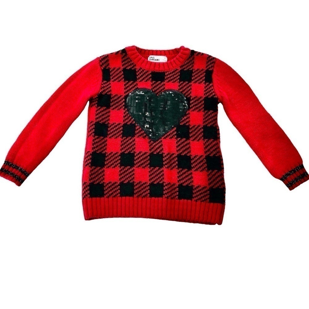 Epic Threads Toddler Girls Plaid with Heart Sequin Graphic Sweater -Tango Red 3T